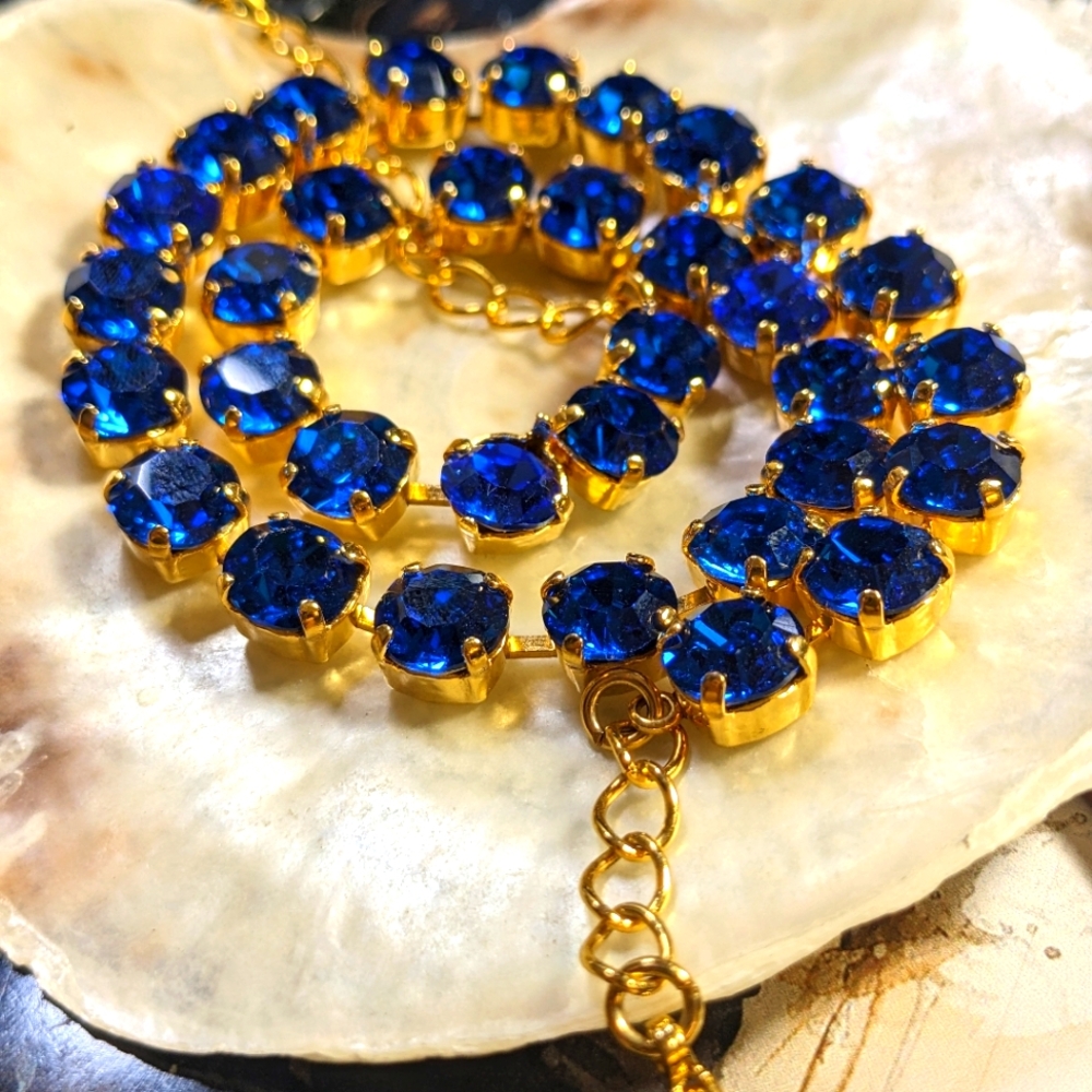 Deep Blue Velvet Crystals In Classic Tennis Gold Plated Necklace
